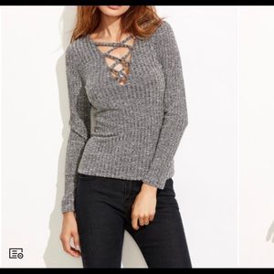 ⭐ Plunge Crisscross Marled Knit Ribbed T-shirt